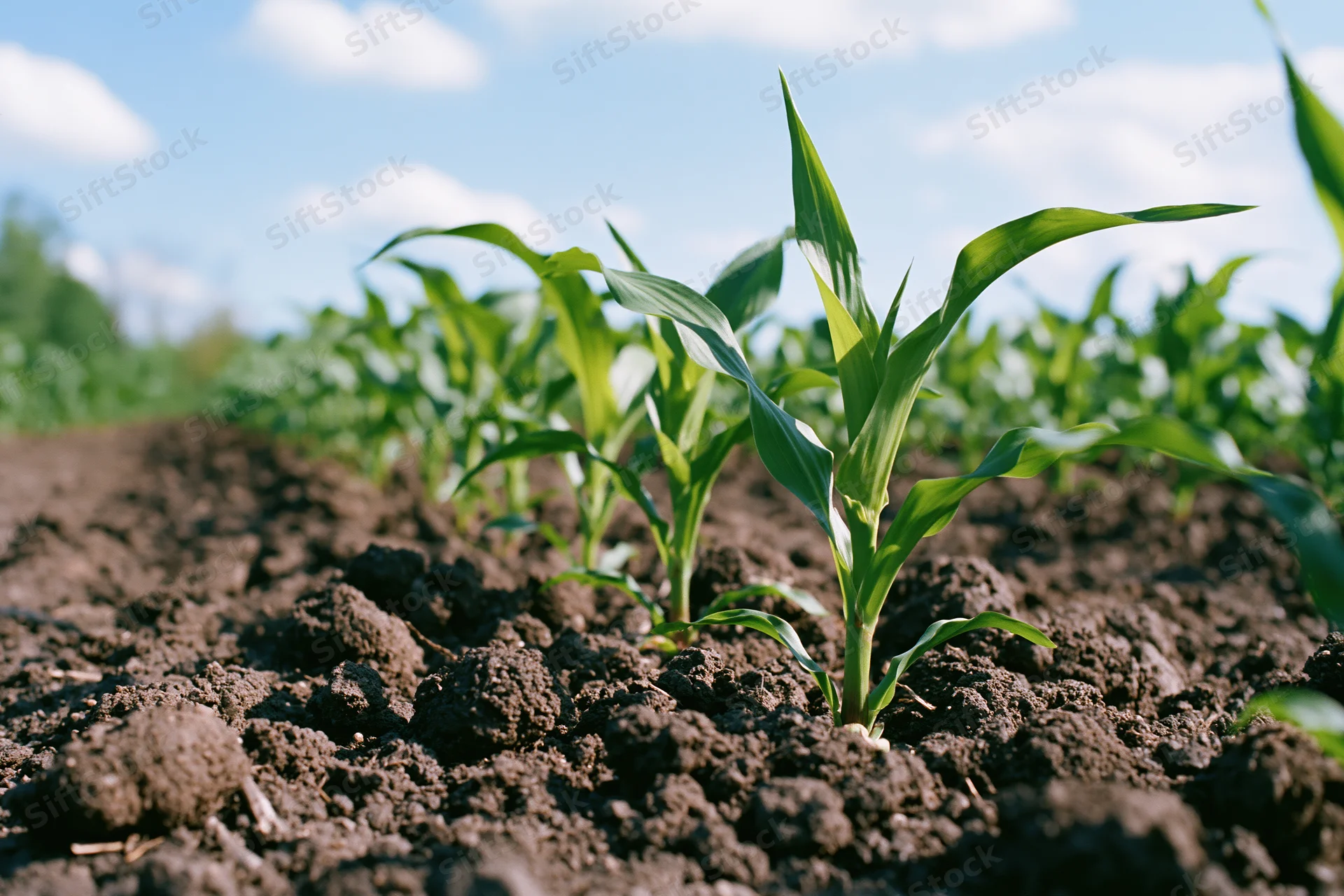 Young corn seedlings sprouting in rows from dark clumped soil in a field