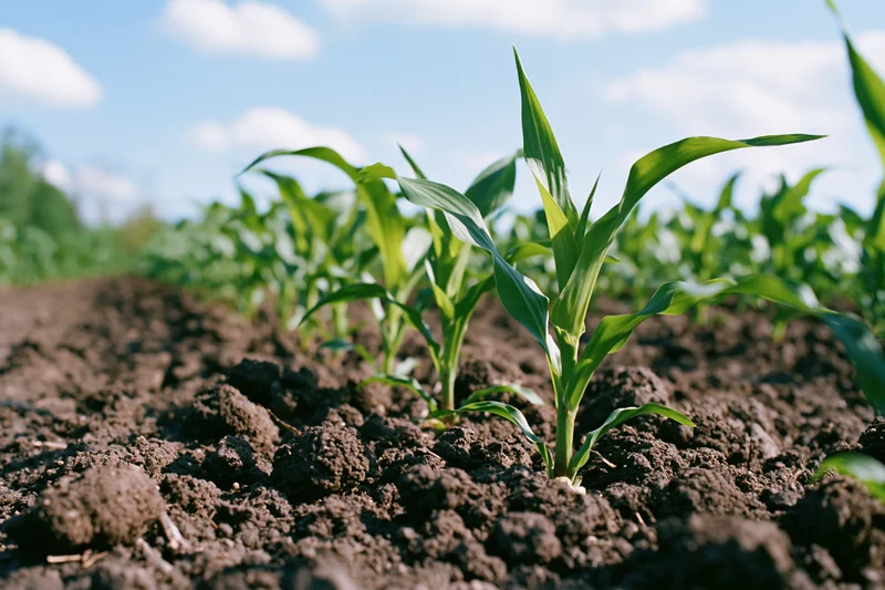 Young corn seedlings sprouting in rows from dark clumped soil in a field