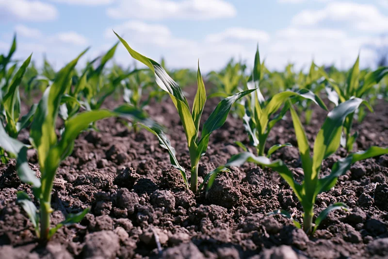 Young corn seedlings sprouting in rows from dark clumped soil in a cultivated field