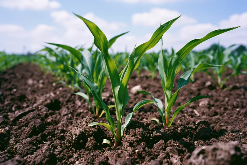 Young corn seedlings sprouting in rows from dark clumped soil in a field