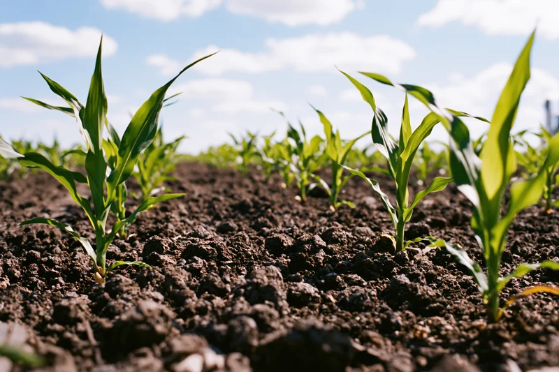 Young corn seedlings sprouting in rows from dark clumped soil under a blue sky