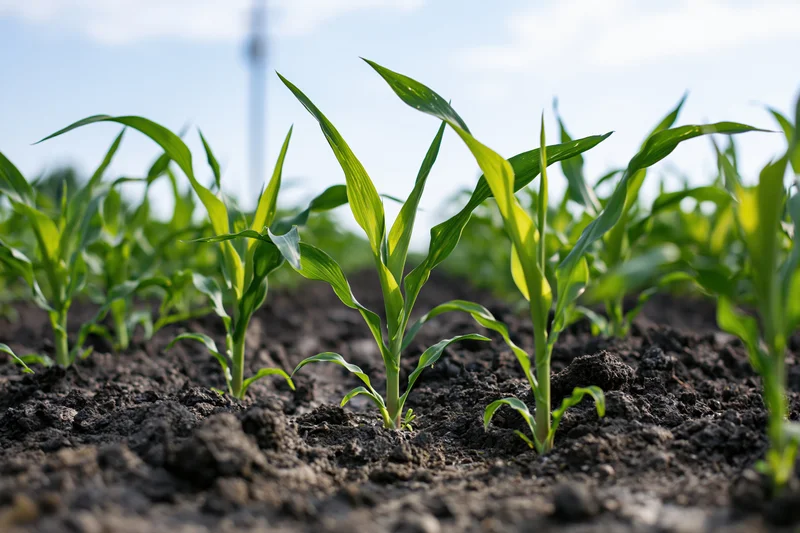 Young corn seedlings sprouting in rows from dark rich soil in a cultivated field