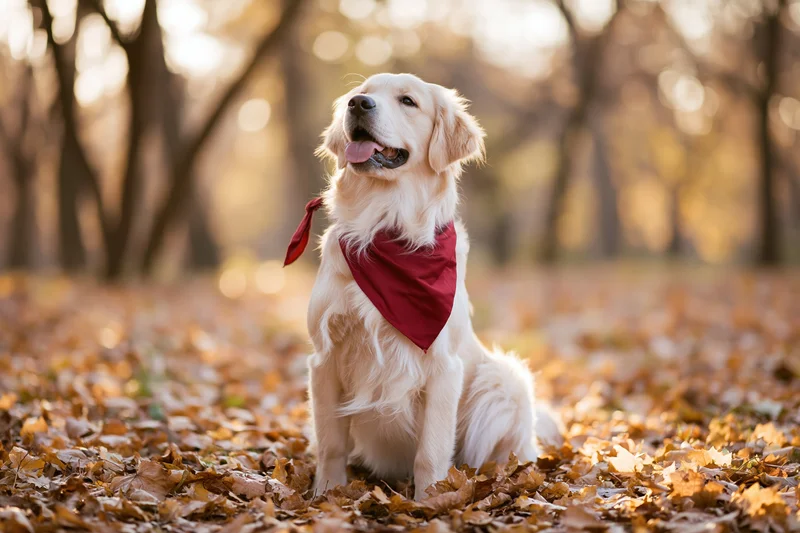 Young golden retriever sitting upright on a thick carpet of fallen autumn leaves in a sunlit forest clearing wearing a red bandana