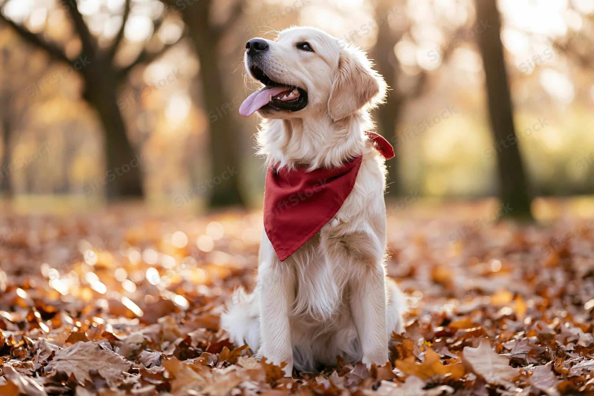 Young golden retriever sitting upright on a thick carpet of fallen autumn leaves in a sunlit park wearing a red bandana