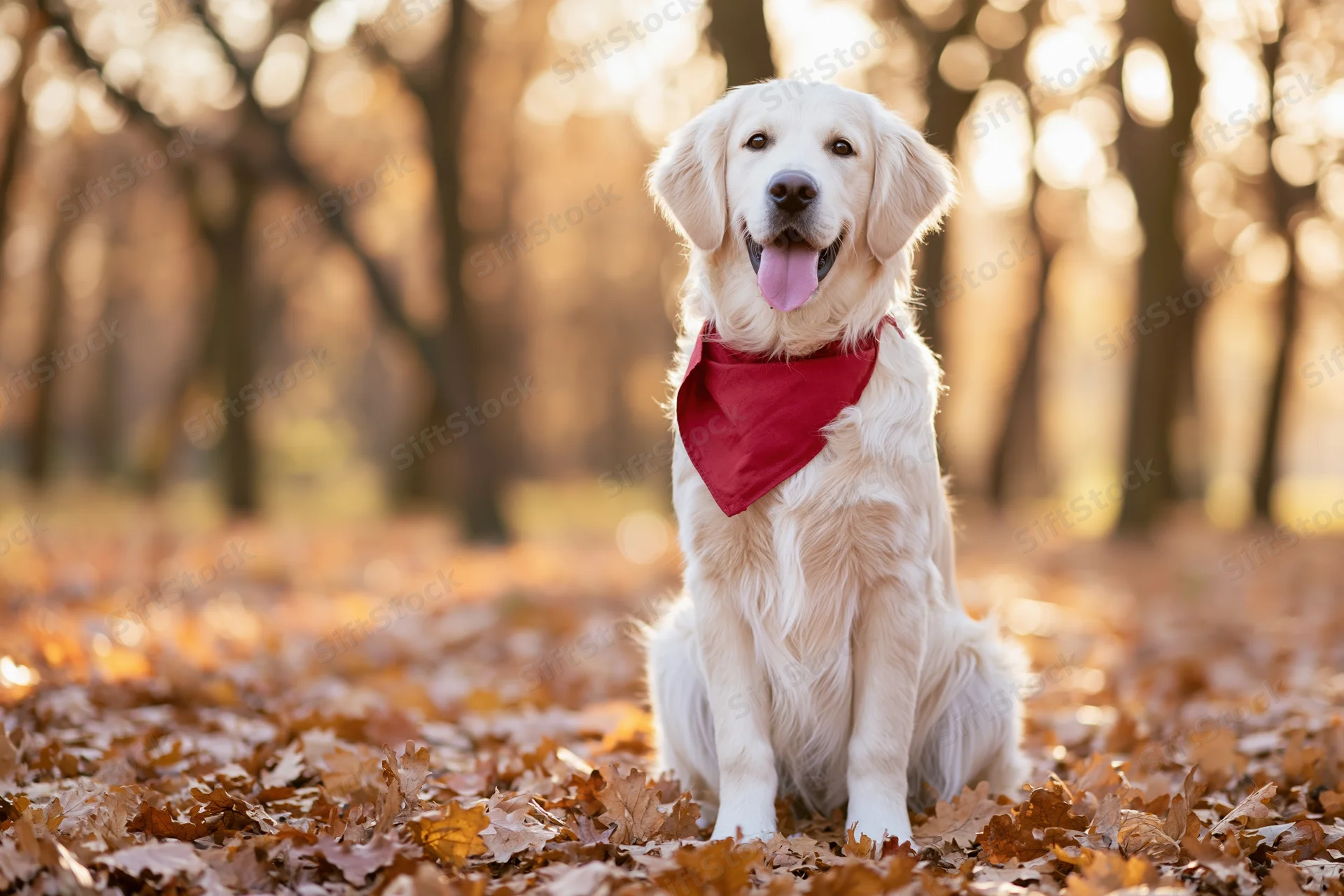 Young golden retriever sitting upright on a thick carpet of autumn leaves in a sunlit forest