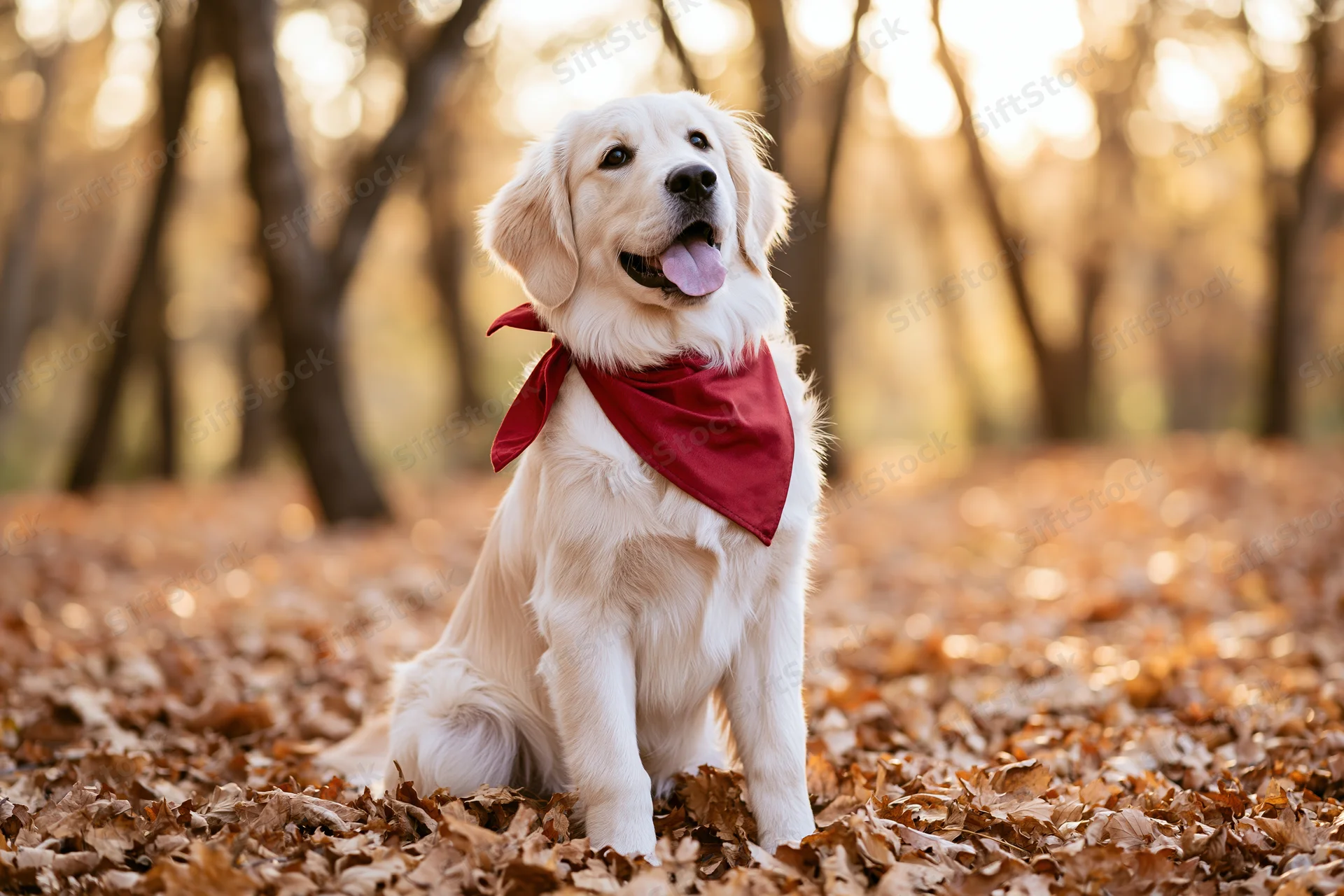 Young golden retriever sitting upright on a thick carpet of fallen autumn leaves in a sunlit forest