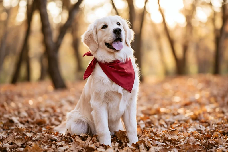 Young golden retriever sitting upright on a thick carpet of fallen autumn leaves in a sunlit forest