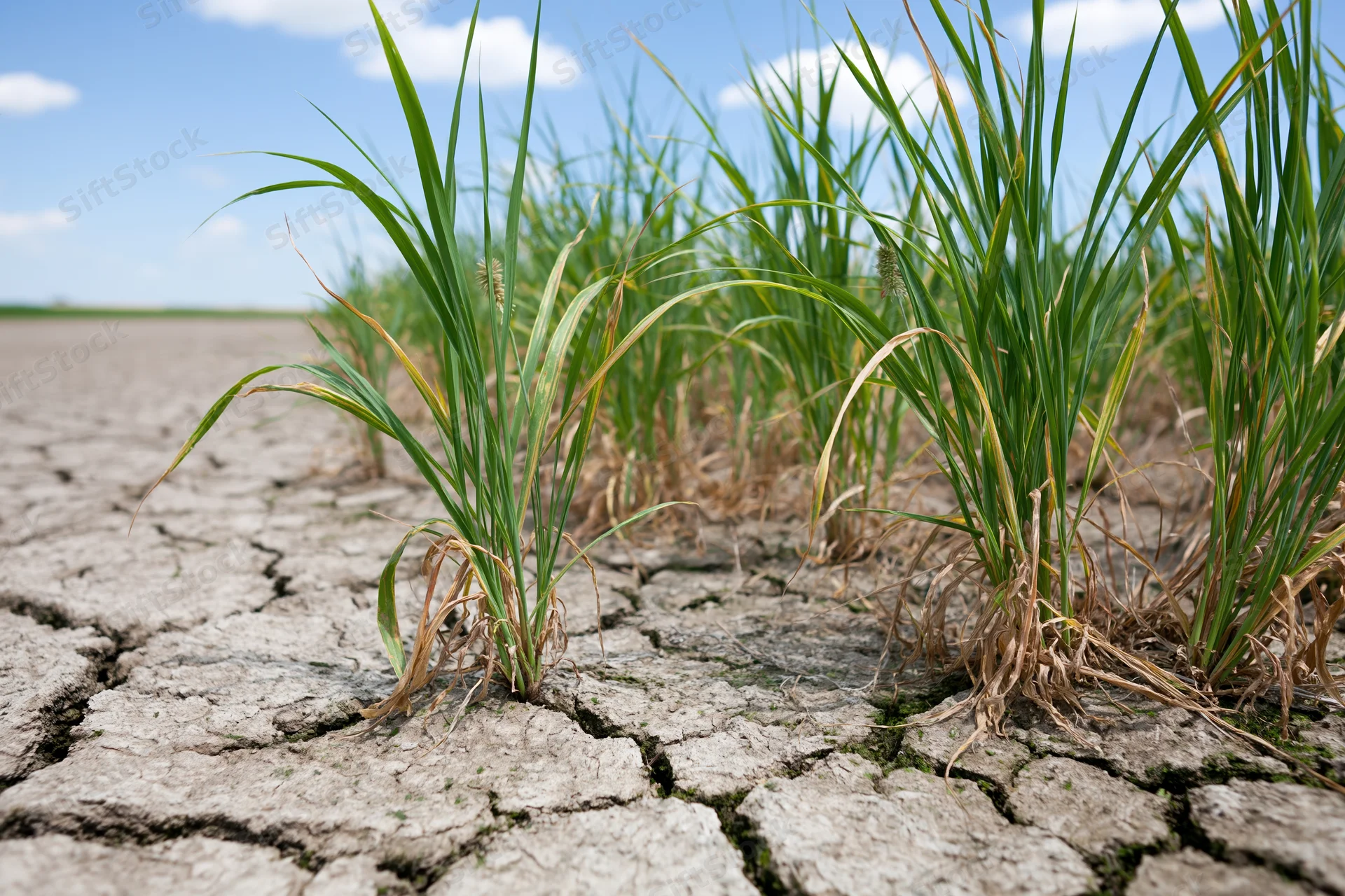 Young green crop plants growing from severely cracked dry earth in a field under a blue sky