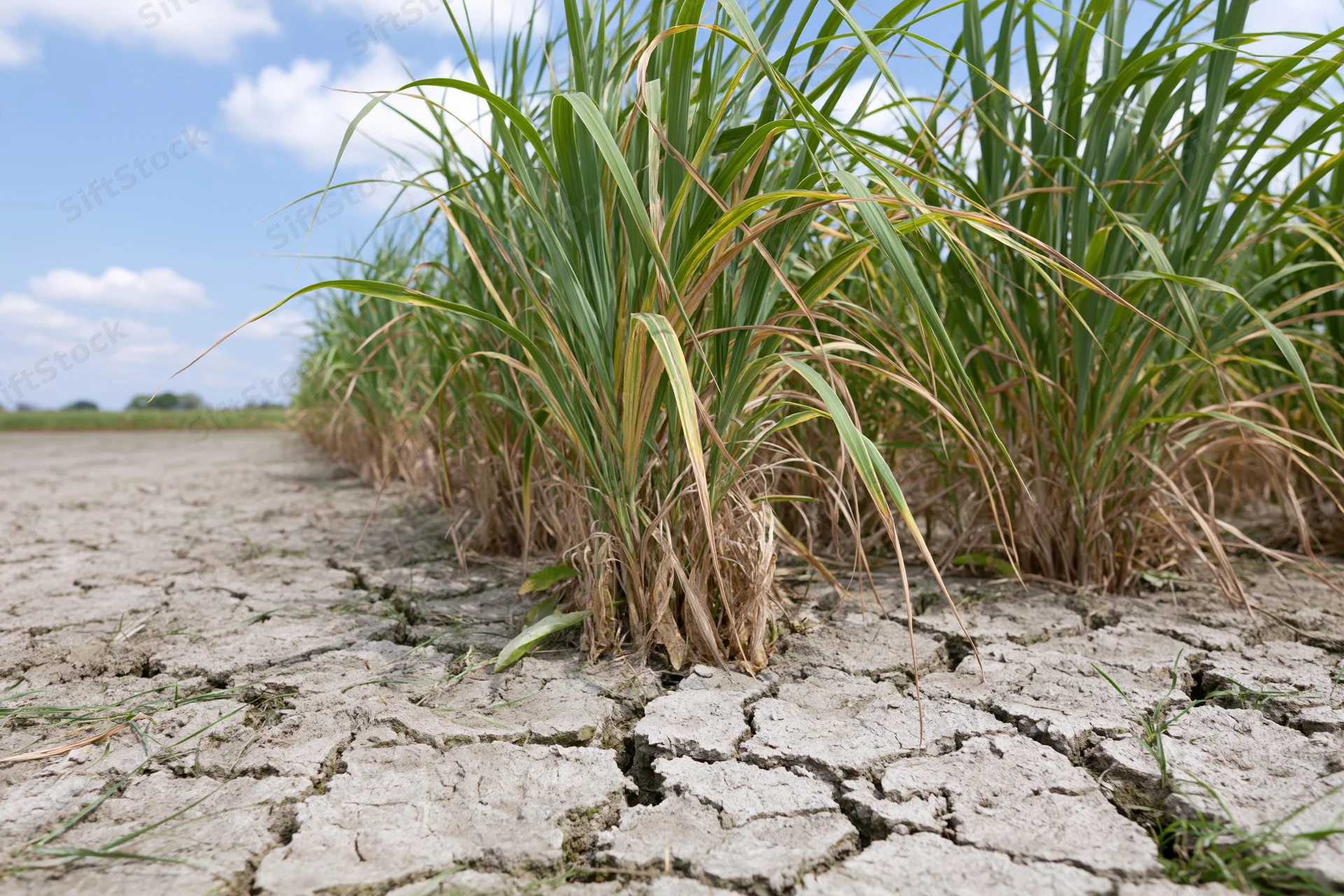 Sugarcane Field Surviving in a Parched Cracked Earth Landscape