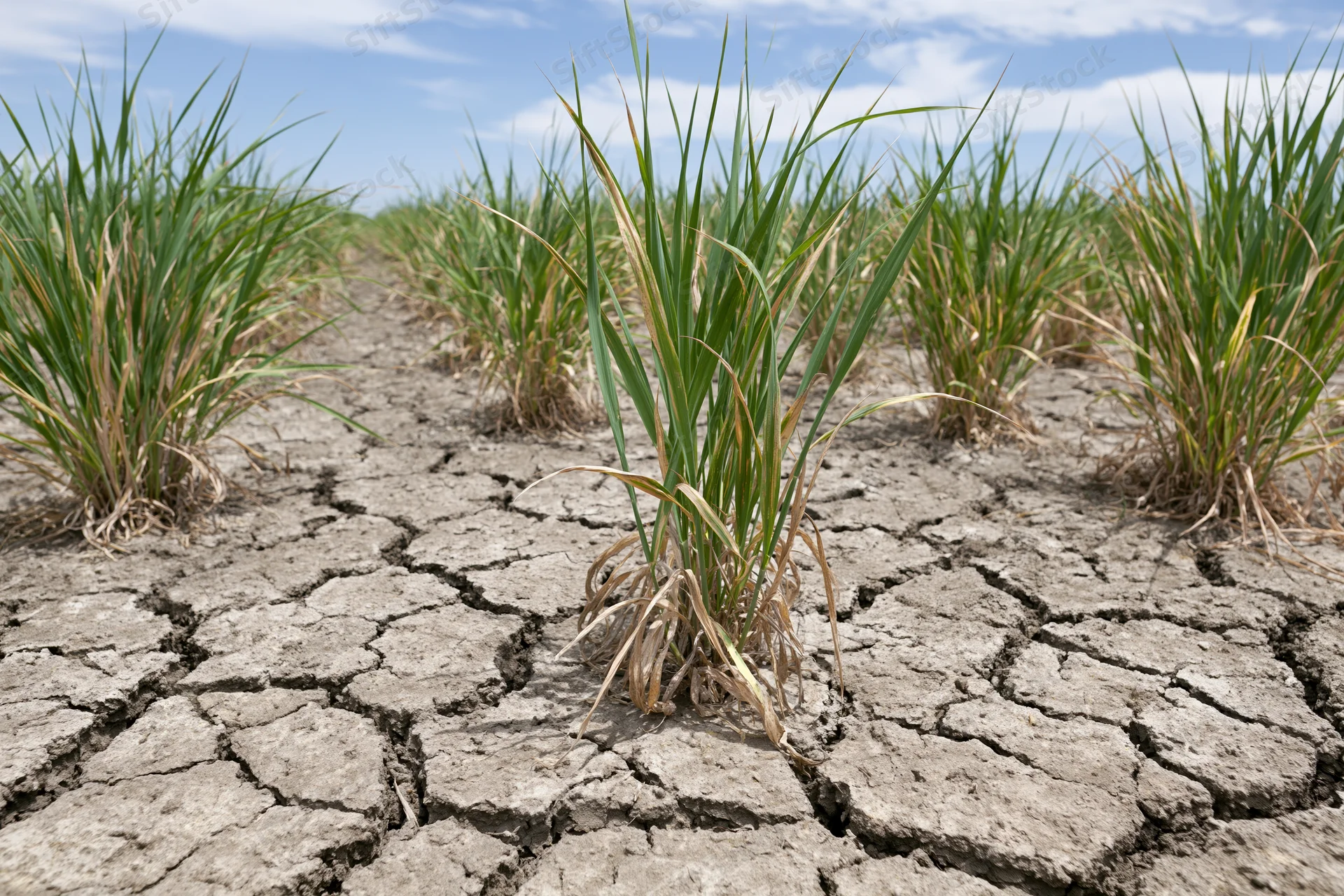Young green crop plants growing from severely cracked dry earth in a field