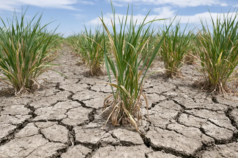 Young green crop plants growing from severely cracked dry earth in a field