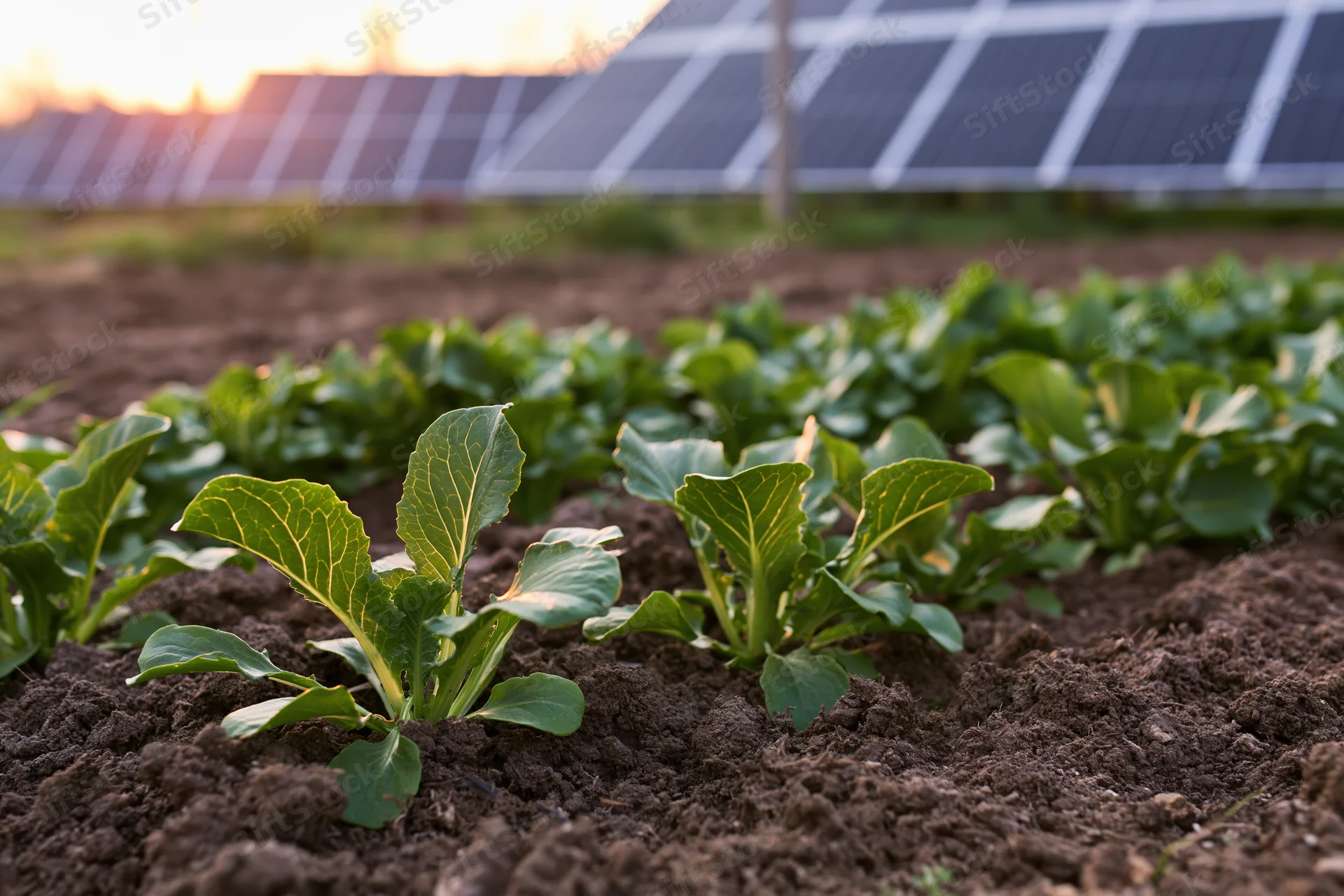 Young leafy vegetable seedlings growing in rows in dark brown soil with solar panels in the background