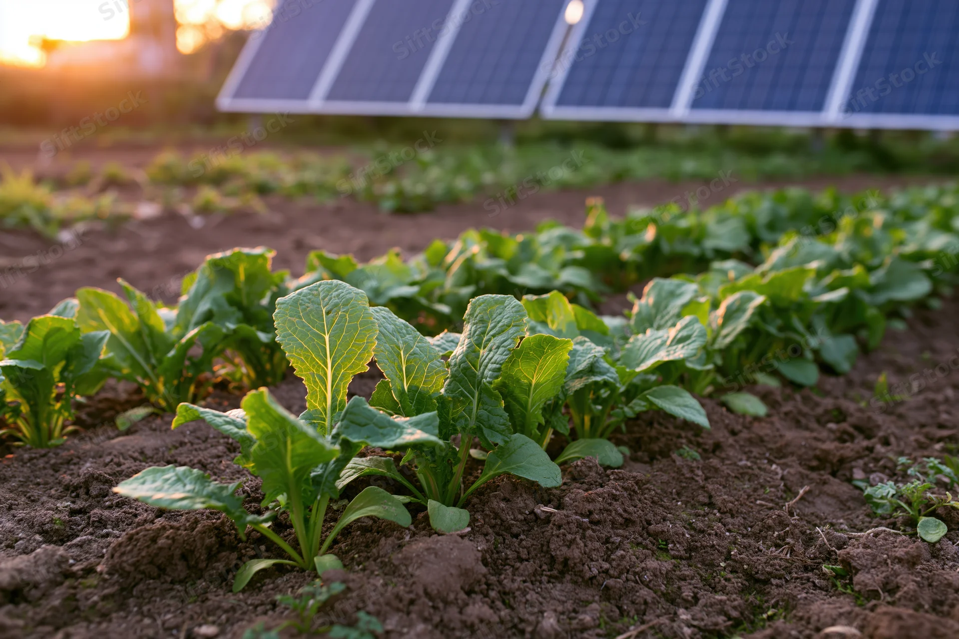 Young leafy vegetable seedlings growing in rows in dark brown soil with solar panels in background at sunset