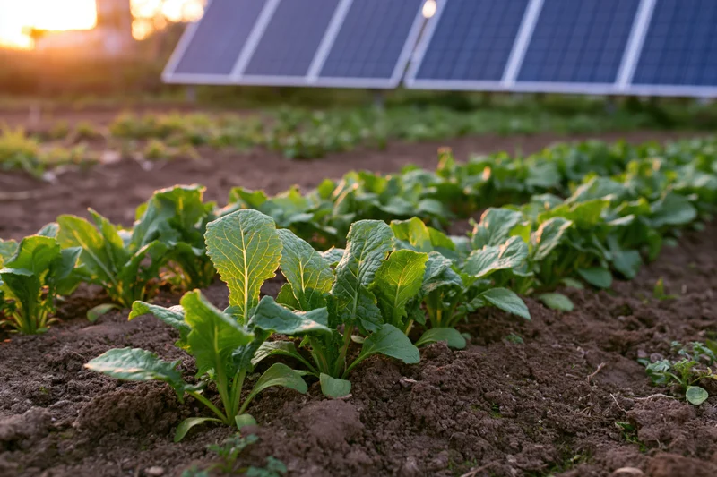 Young leafy vegetable seedlings growing in rows in dark brown soil with solar panels in background at sunset