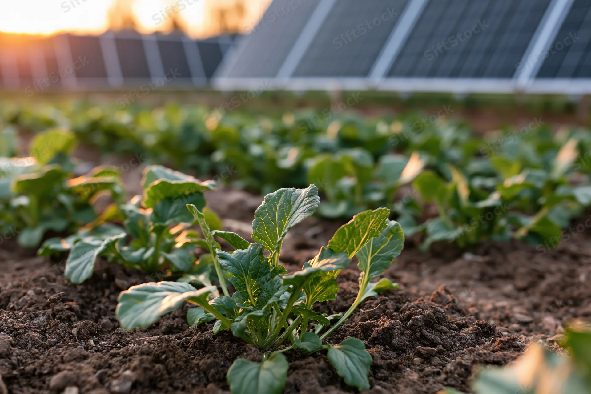 Young leafy vegetable seedlings growing in rows in dark soil with solar panels in background