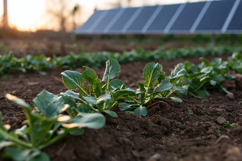 Young leafy vegetable seedlings growing in rows in dark brown soil with solar panels in background at sunset