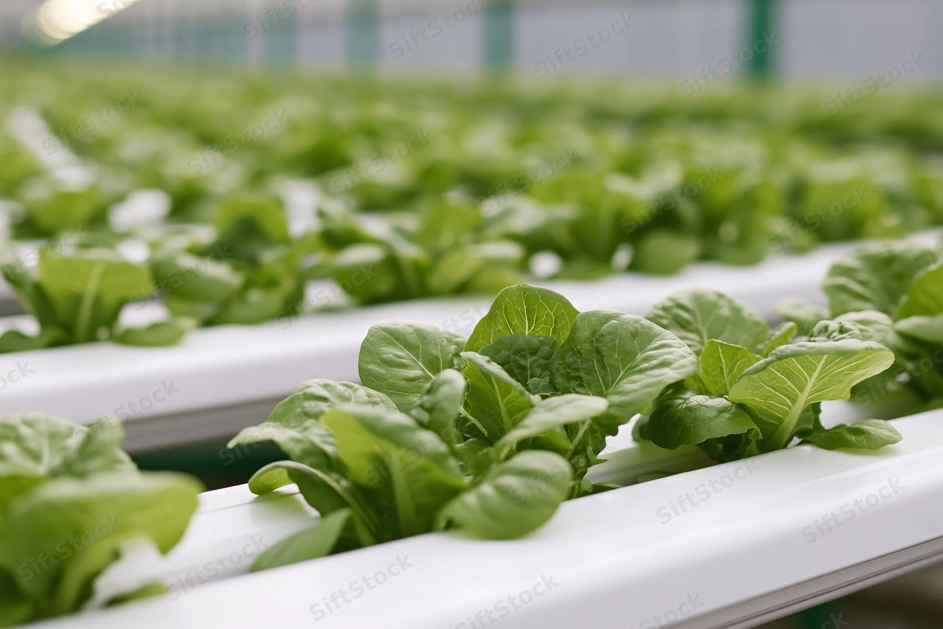Young lettuce seedlings growing in white hydroponic channels indoors