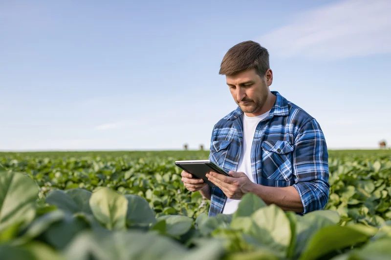 Young male farmer inspecting crops with tablet in a green field