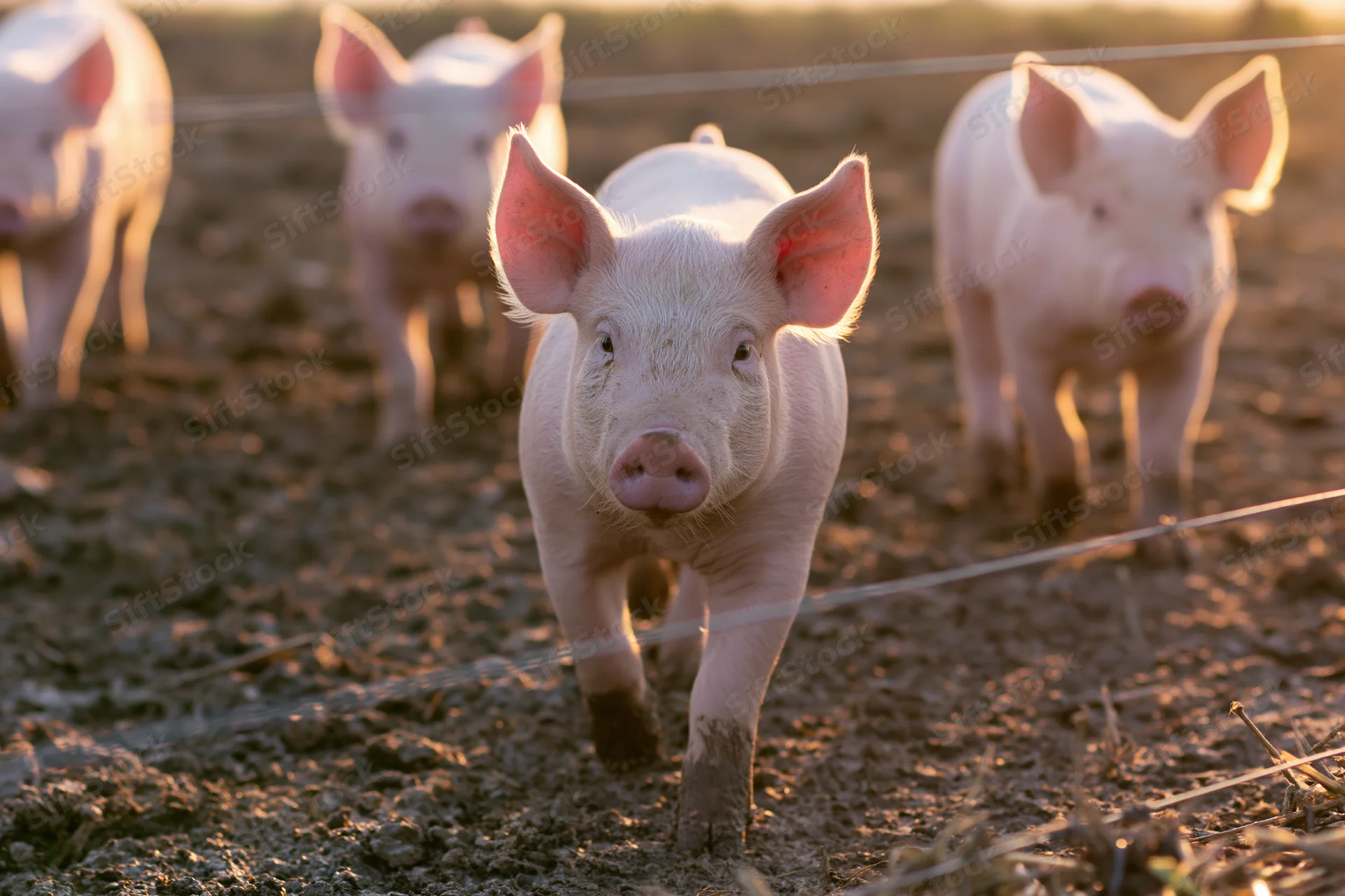 Young pink piglets walking in a muddy outdoor pen enclosed by wire fencing