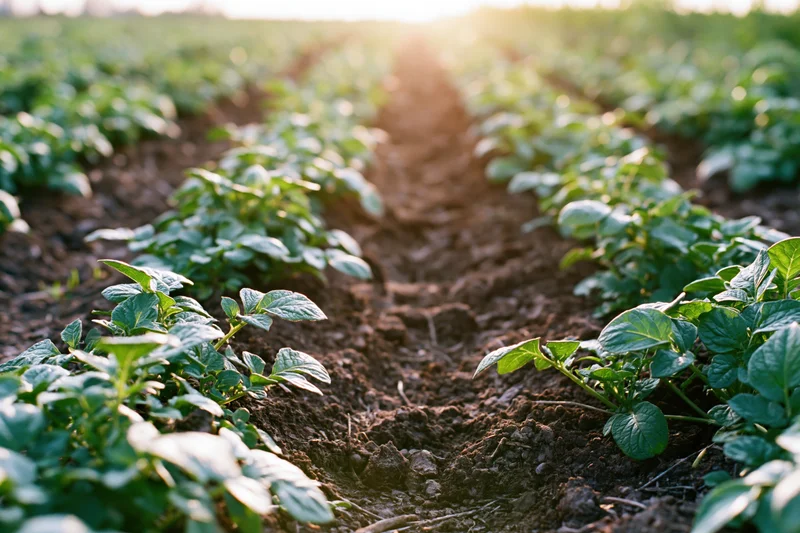 Young potato plants growing in parallel earthen ridges in a field