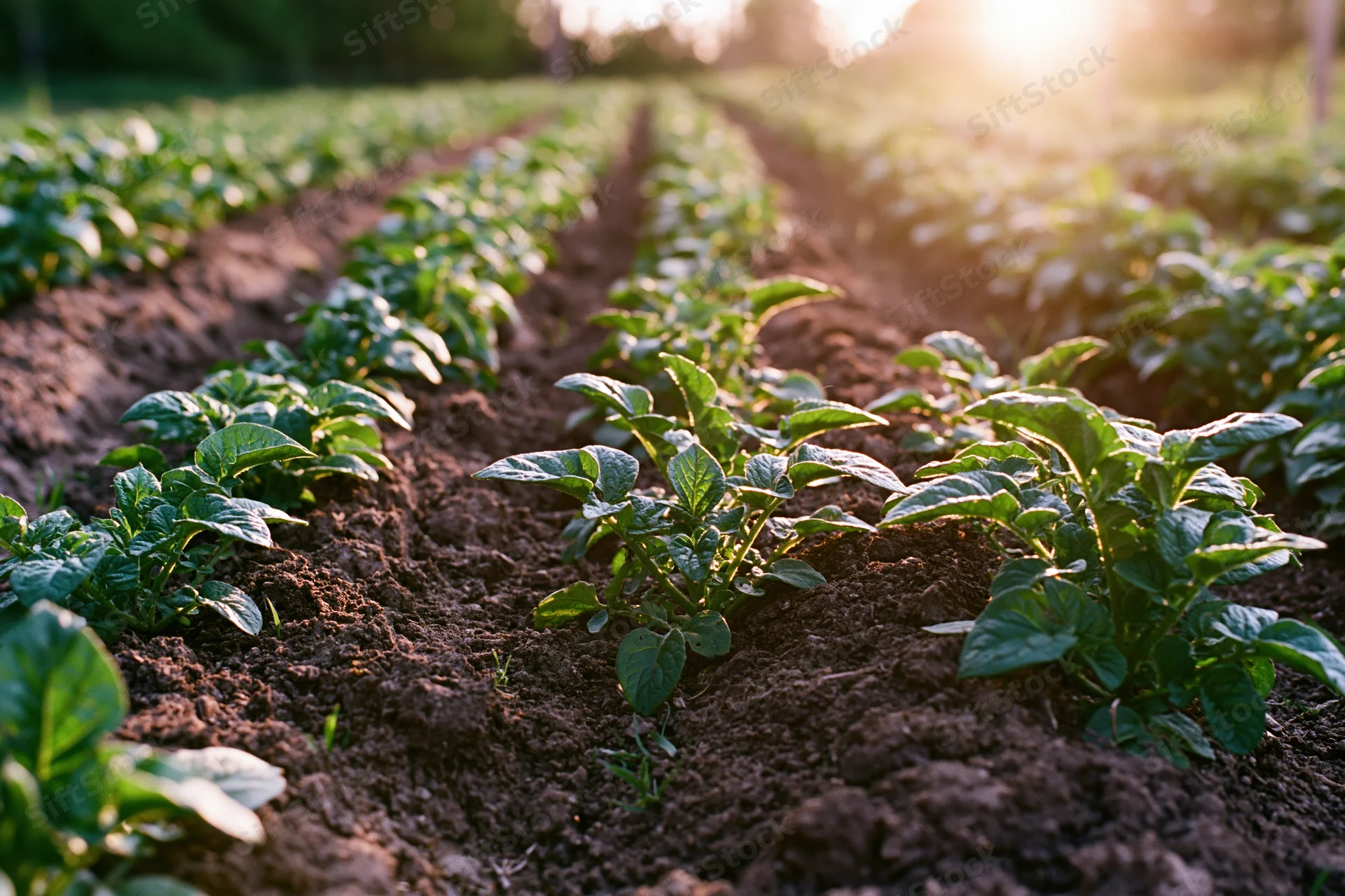 Young potato plants growing in parallel earthen ridges in a field