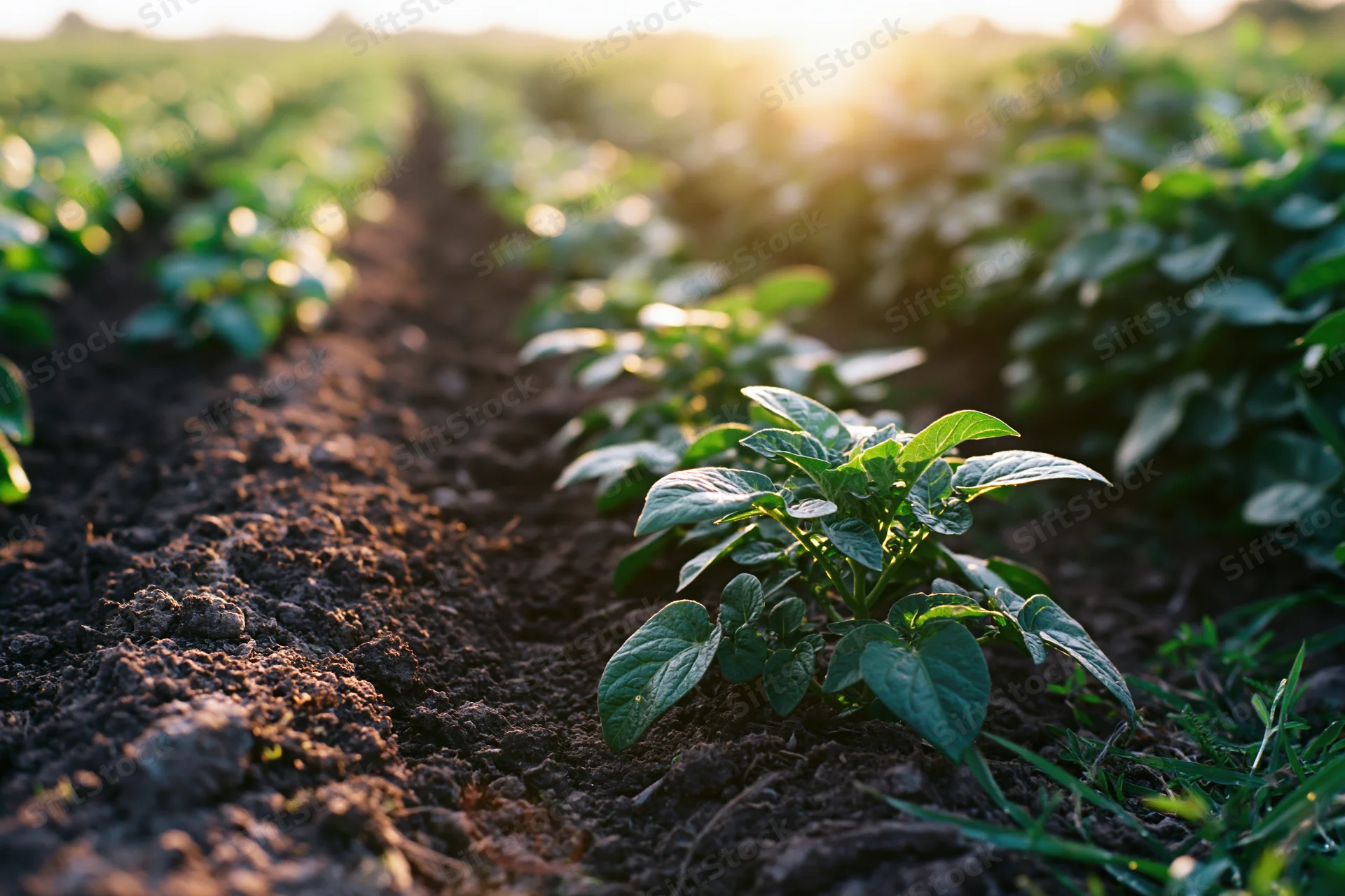 Young potato plants growing in parallel earthen ridges in a cultivated field