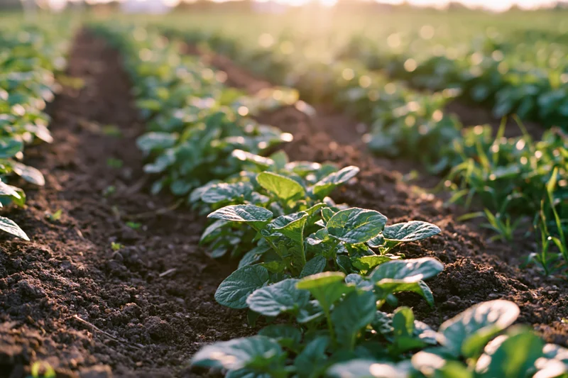 Young potato plants growing in parallel earthen ridges in a field