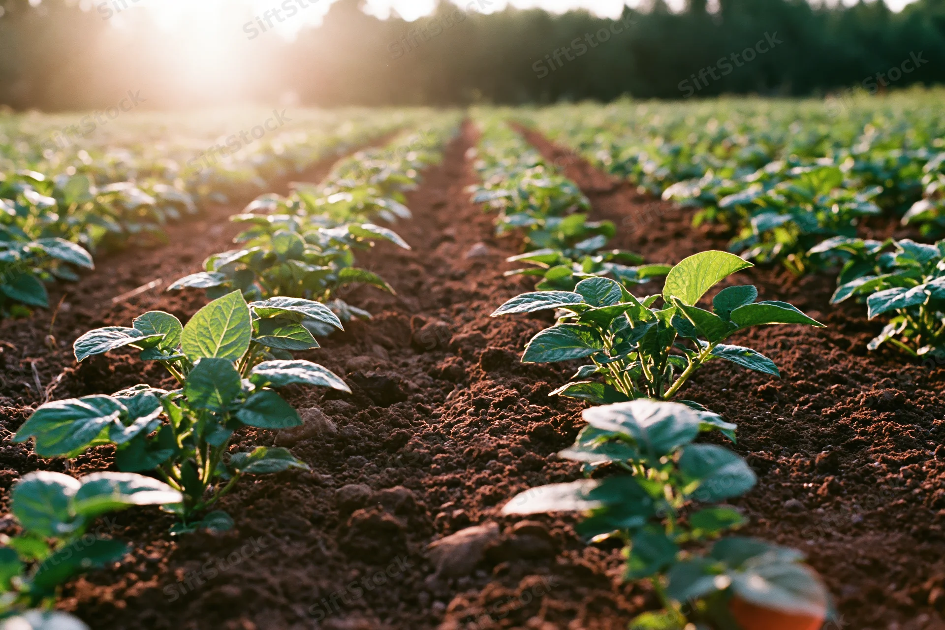Young potato plants growing in neat parallel rows in a red soil field at sunrise