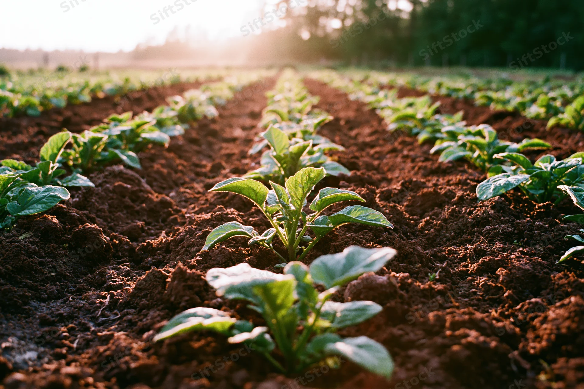 Young potato plants growing in neat parallel rows in a cultivated field