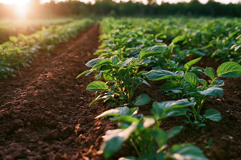 Young potato plants growing in neat parallel rows in rich red soil at sunrise