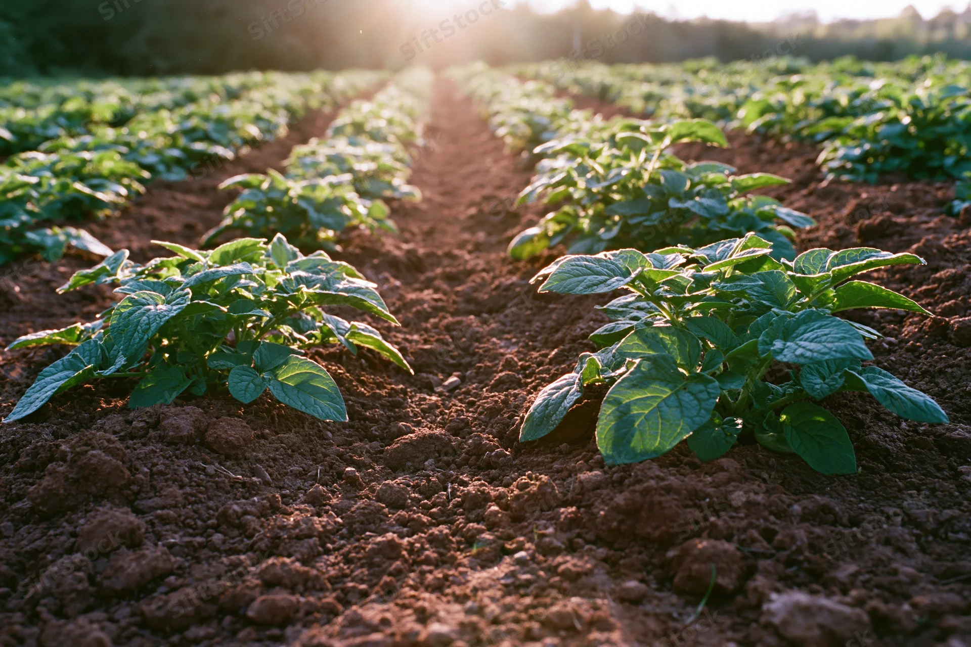 Young potato plants growing in neat parallel rows in rich red soil at golden hour