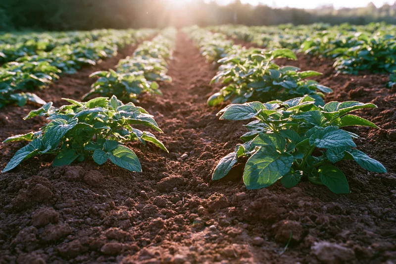 Young potato plants growing in neat parallel rows in rich red soil at golden hour