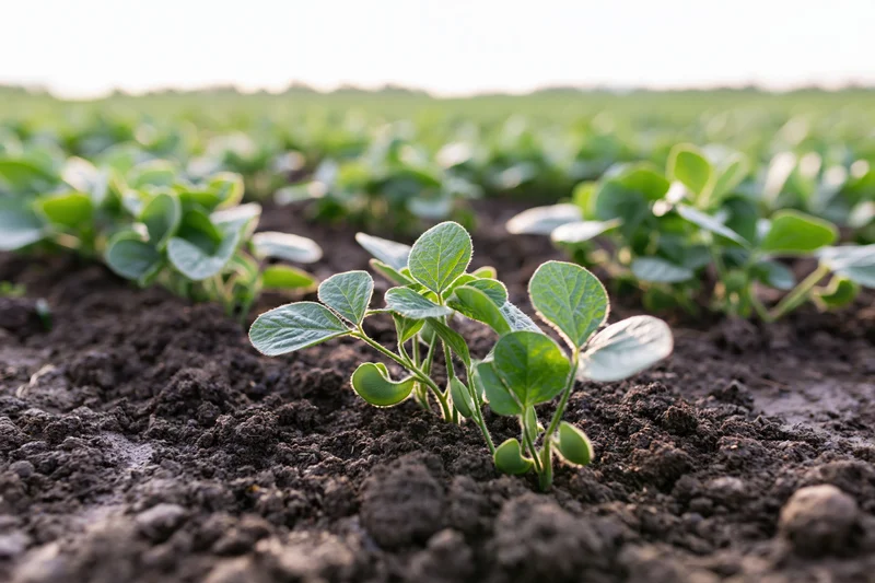 Young soybean seedlings emerging from dark tilled soil in a field