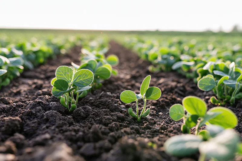 Young soybean seedlings emerging from dark tilled soil in neat rows across a farm field