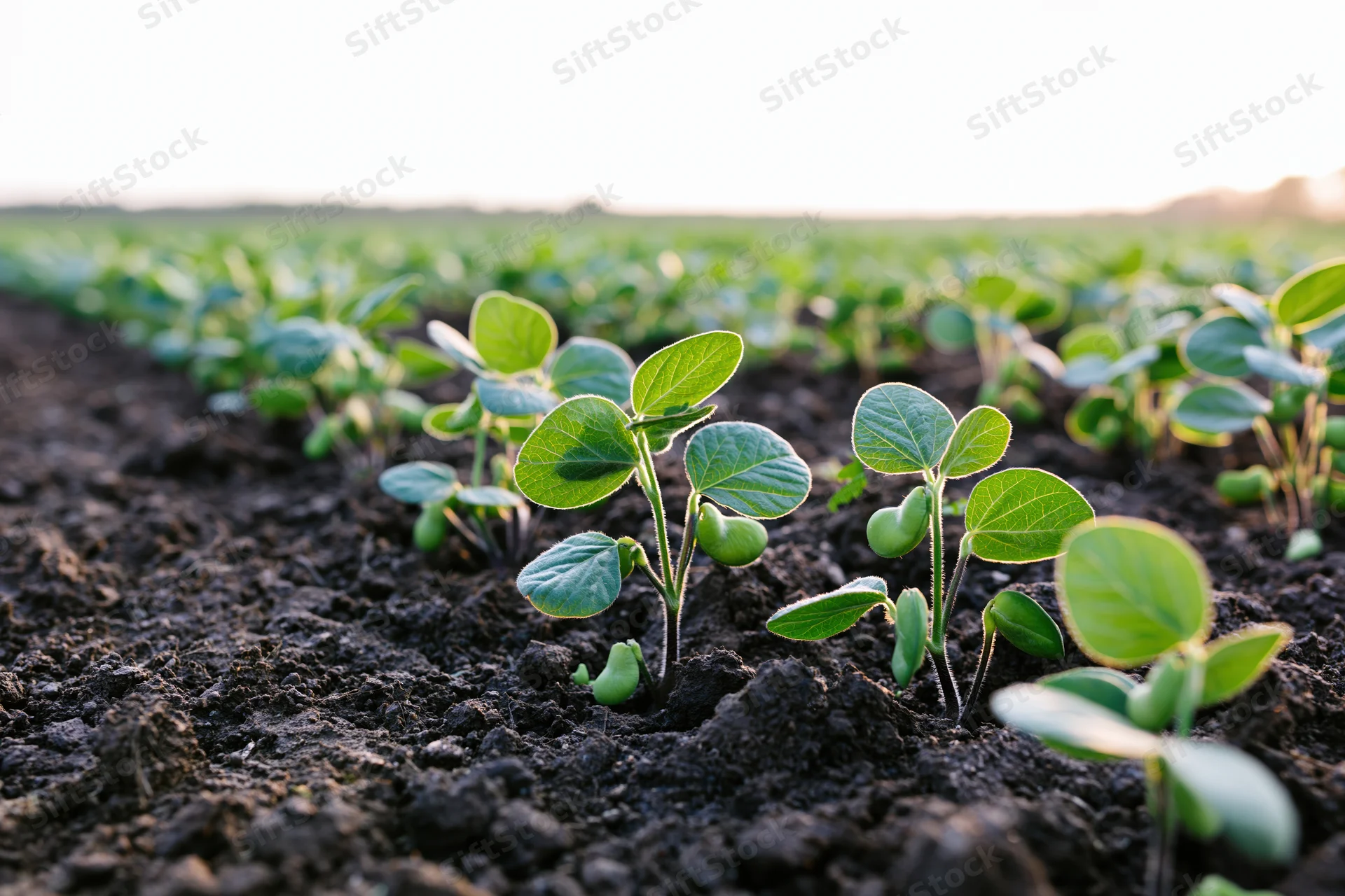 Young soybean seedlings emerging from dark tilled soil in neat rows across a farm field
