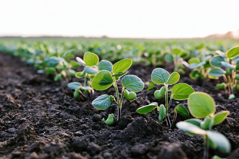 Young soybean seedlings emerging from dark tilled soil in neat rows across a farm field