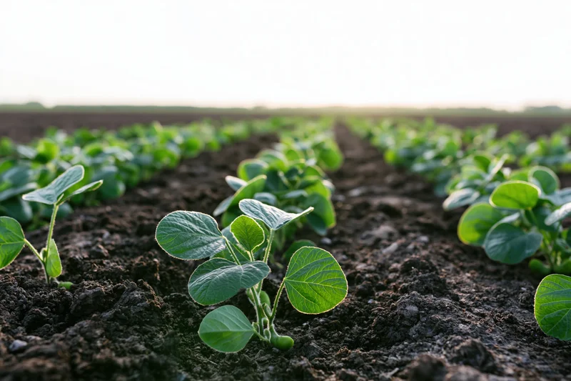 Young soybean seedlings emerging from dark tilled soil in neat rows across a farm field