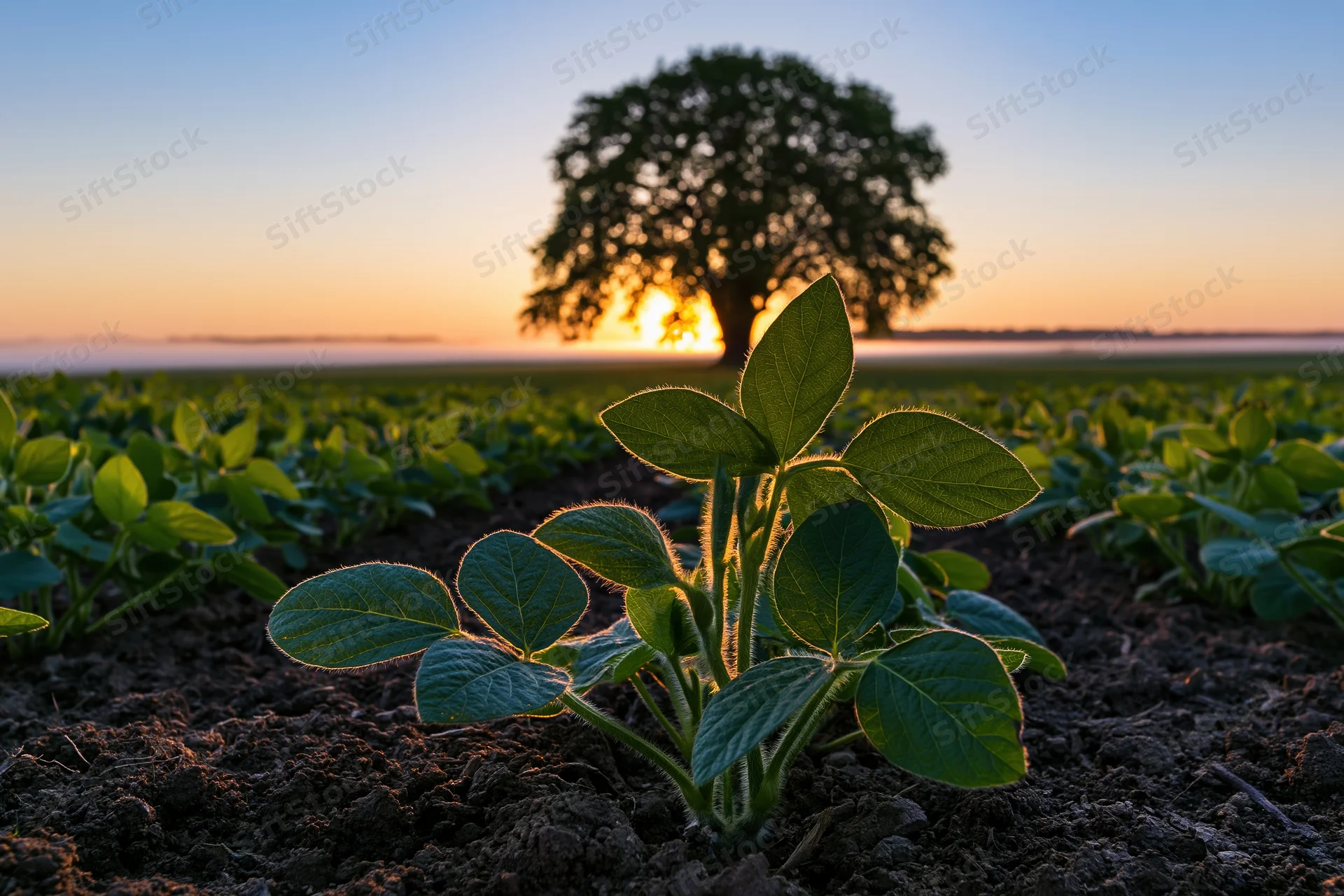 Young soybean seedlings growing in rows across a flat agricultural field at sunrise with a tree silhouetted on the horizon
