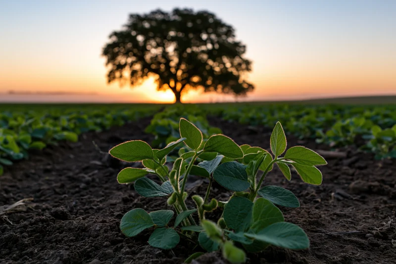 Young soybean seedlings growing in rows across a flat agricultural field at sunset