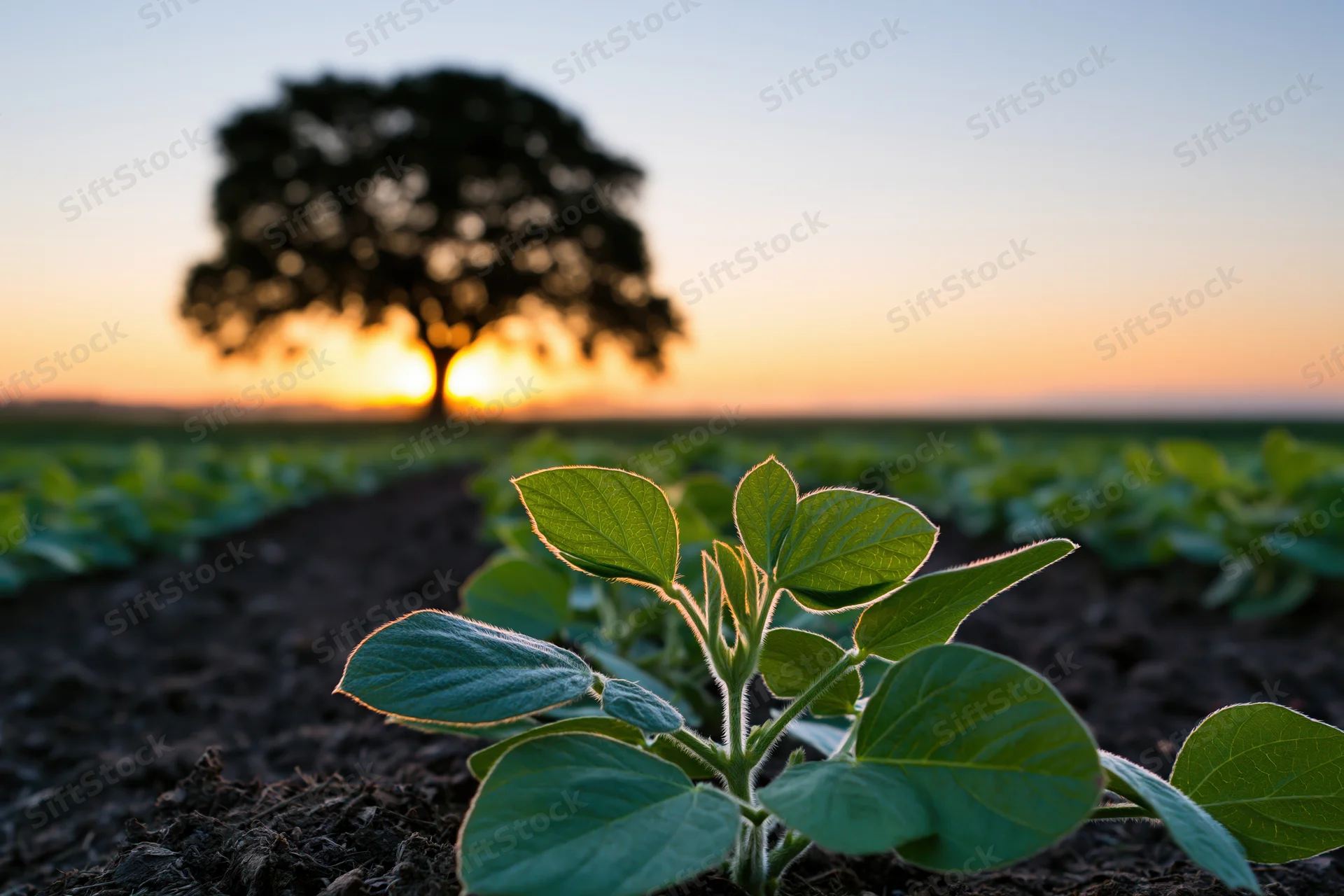 Young soybean seedlings growing in rows across a flat agricultural field at sunset