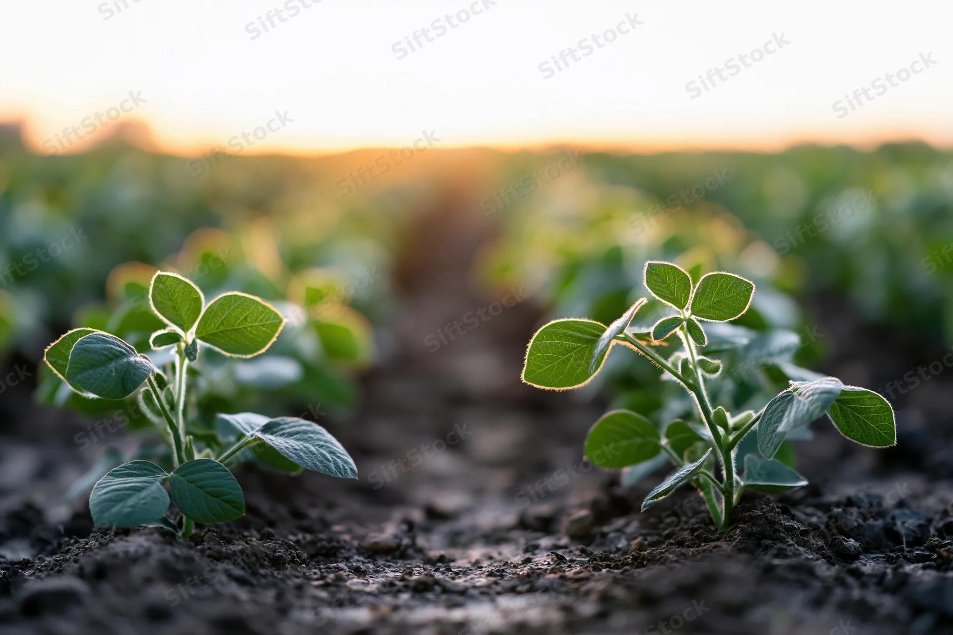 Young soybean seedlings growing in rows in a farm field at sunrise
