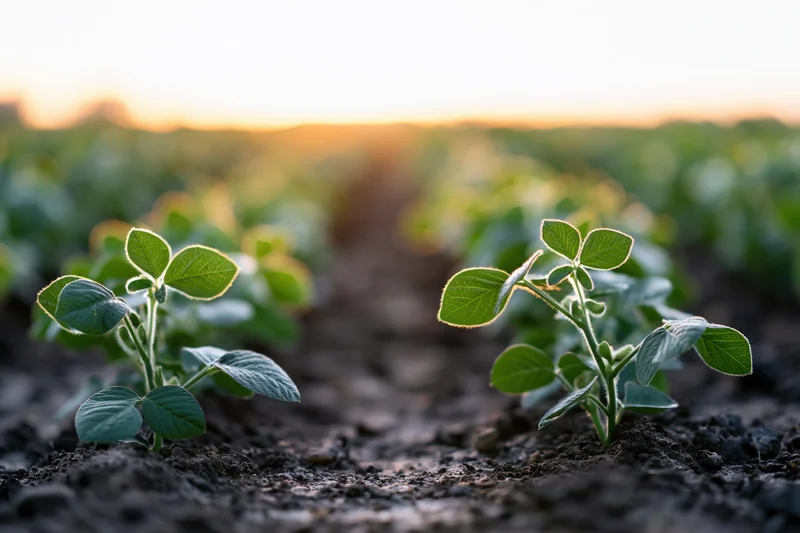 Young soybean seedlings growing in rows in a farm field at sunrise