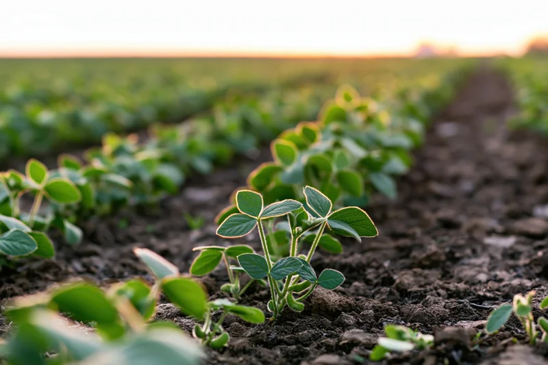Young soybean seedlings growing in rows in a farm field at sunrise