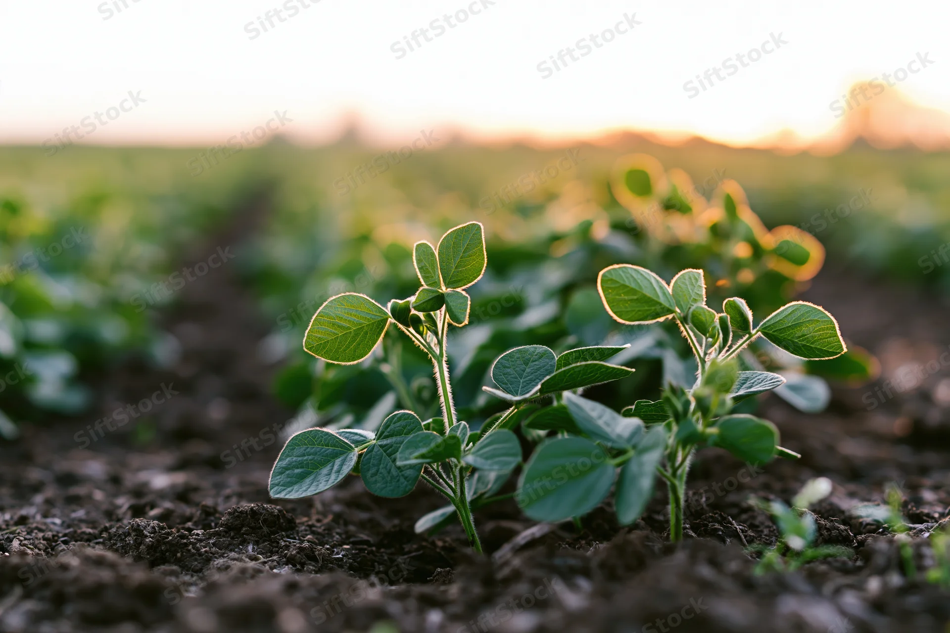 Young soybean seedlings growing in rows in a farm field at sunrise