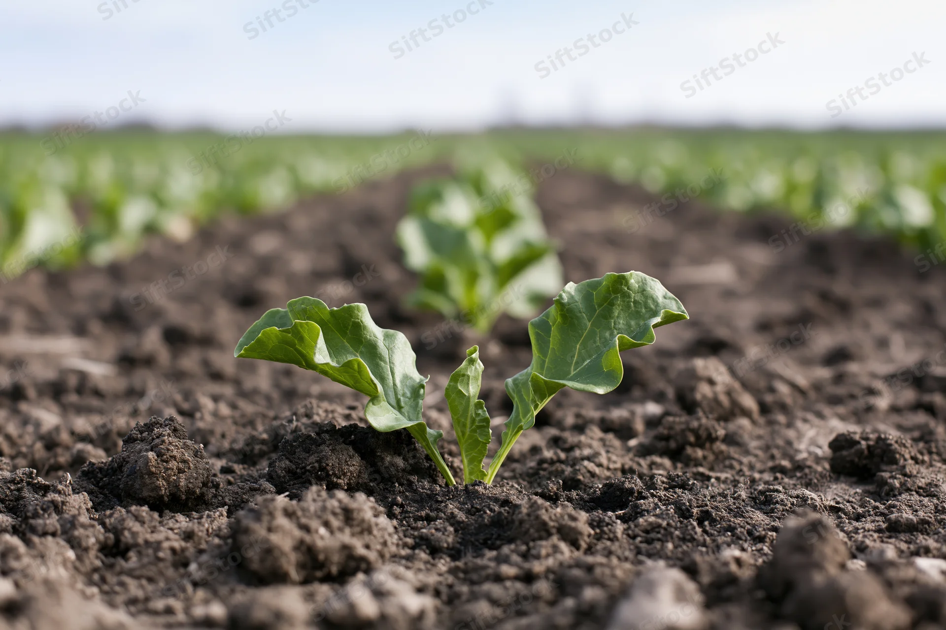 Young sugar beet seedling emerging from dark tilled soil in a cultivated field row