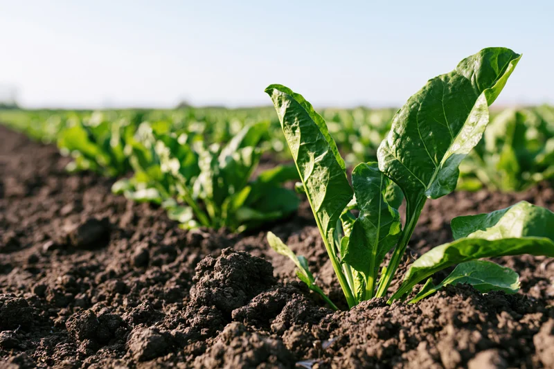 Young sugar beet seedling growing in dark tilled soil in a field row
