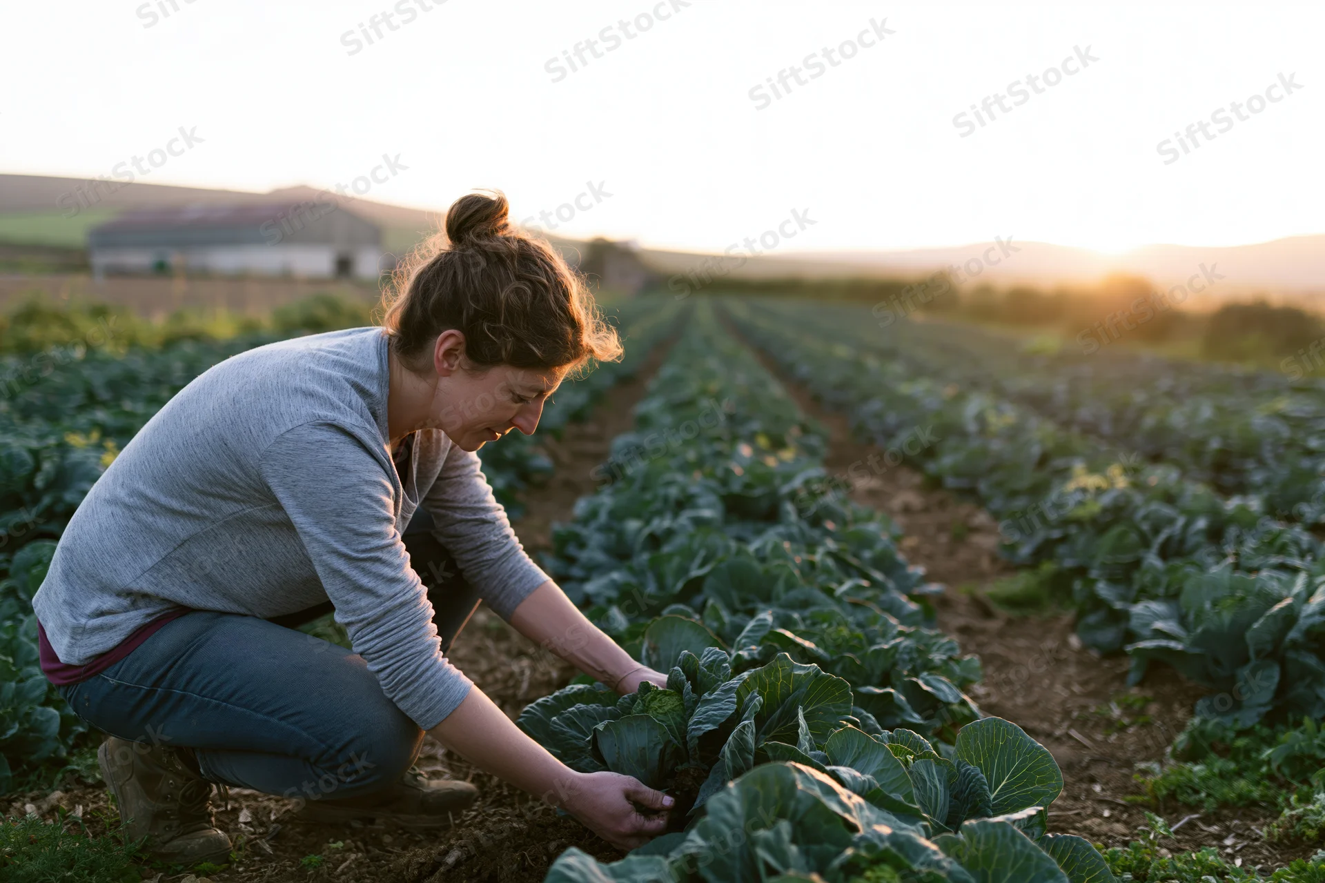 Young woman crouching in vegetable field harvesting dark greens