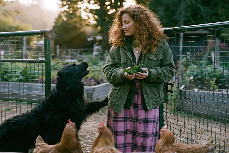 Young woman with curly red hair holding greens at the fence