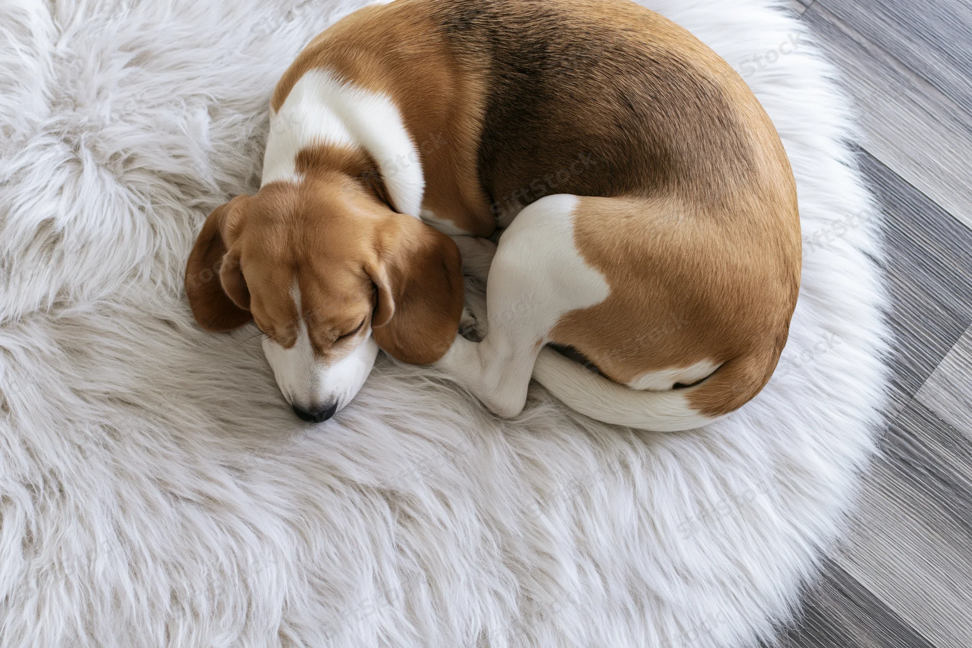 Beagle puppy sleeping curled up on a fluffy white sheepskin rug on hardwood floor