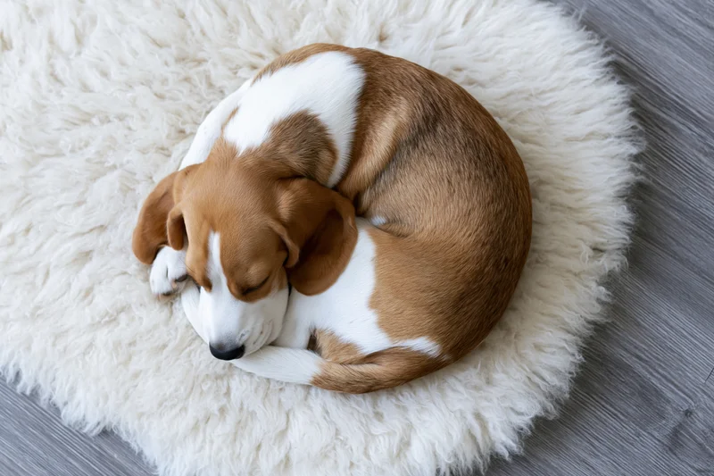 Beagle puppy sleeping curled up on a fluffy white sheepskin rug on wooden floor